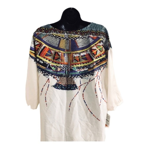 Zara ivory multicolor masai pattern look mid sleeve tunic style shirt dress sz M - Picture 12 of 17